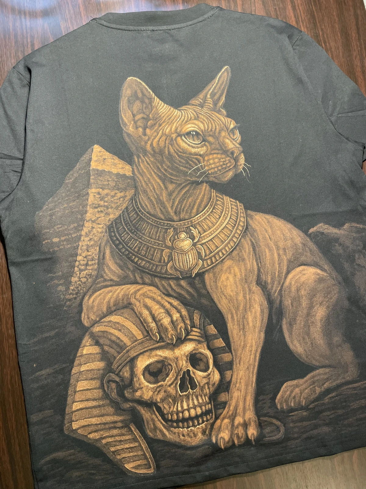 Egyptian Sphynx cat bleach art T-shirt with pyramids and mystical handmade design