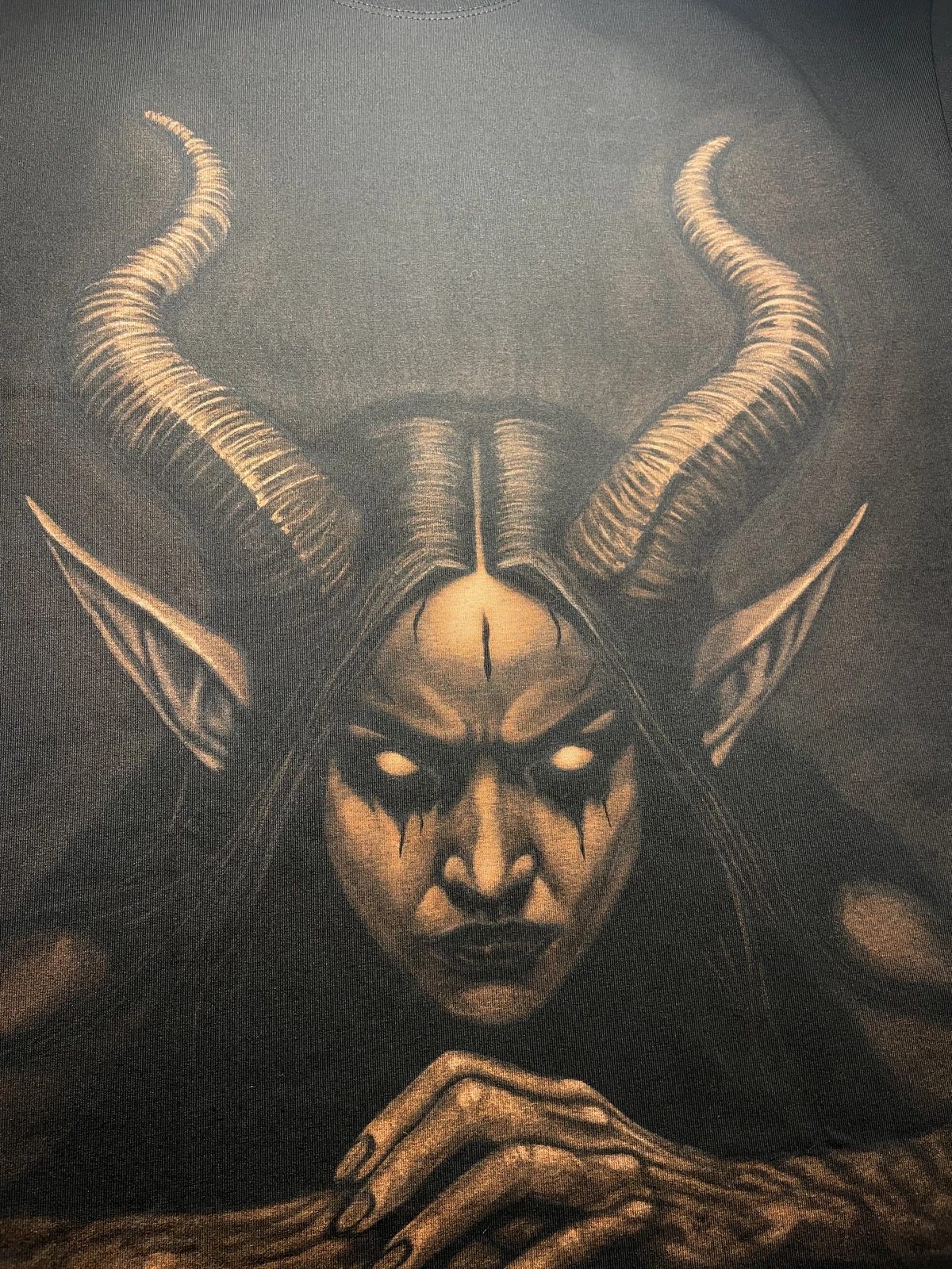 Hand-painted demon woman bleach art design on black T-shirt