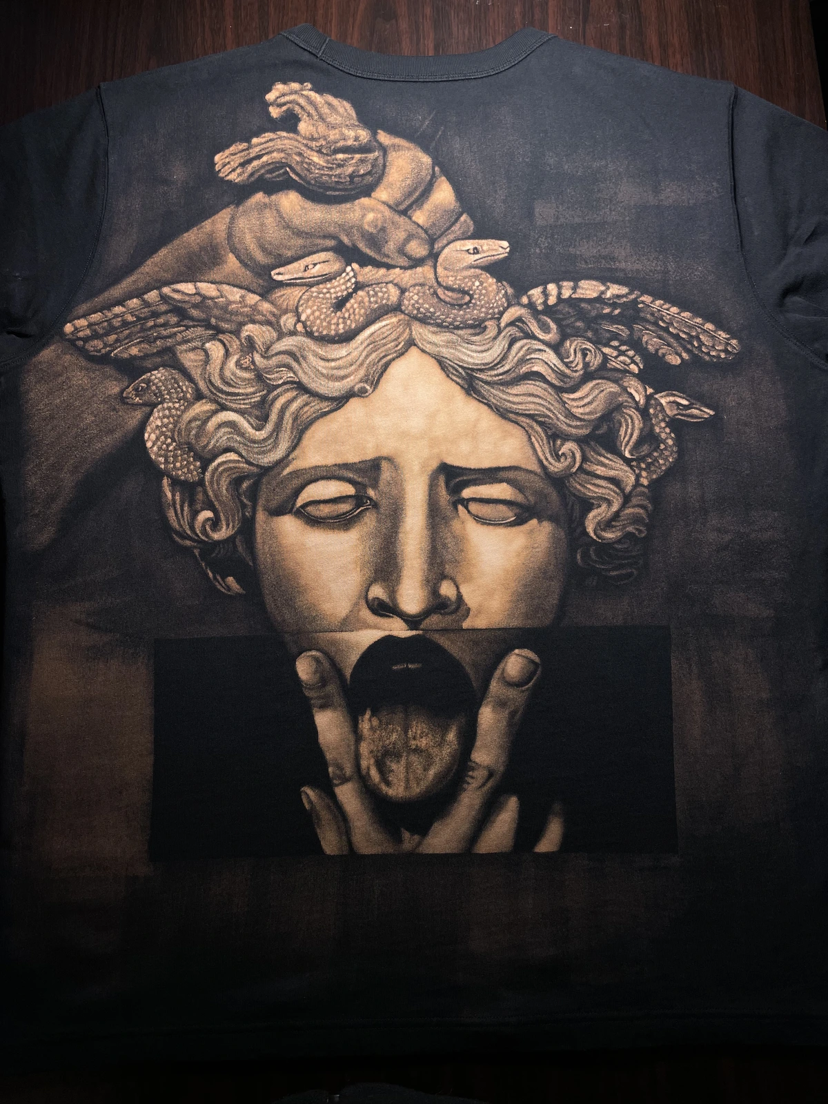 Medusa Gorgon statue bleach art shirt with handmade details