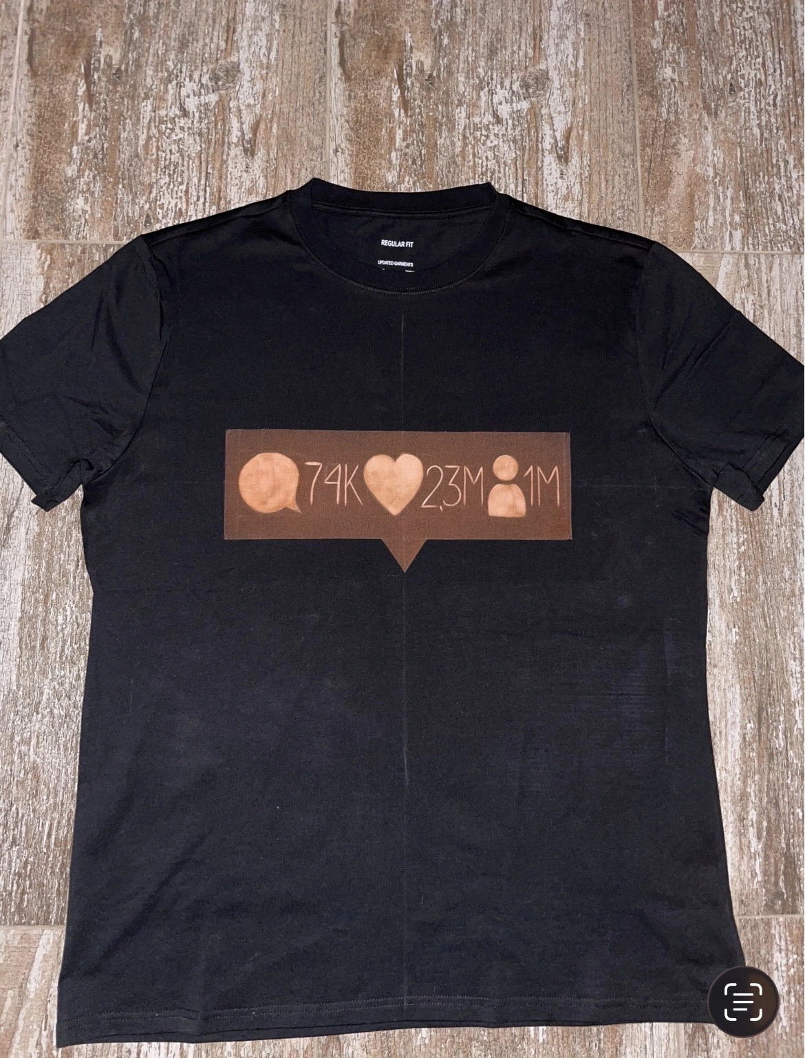 Minimal social media icon bleach shirt design with comments likes and followers symbols