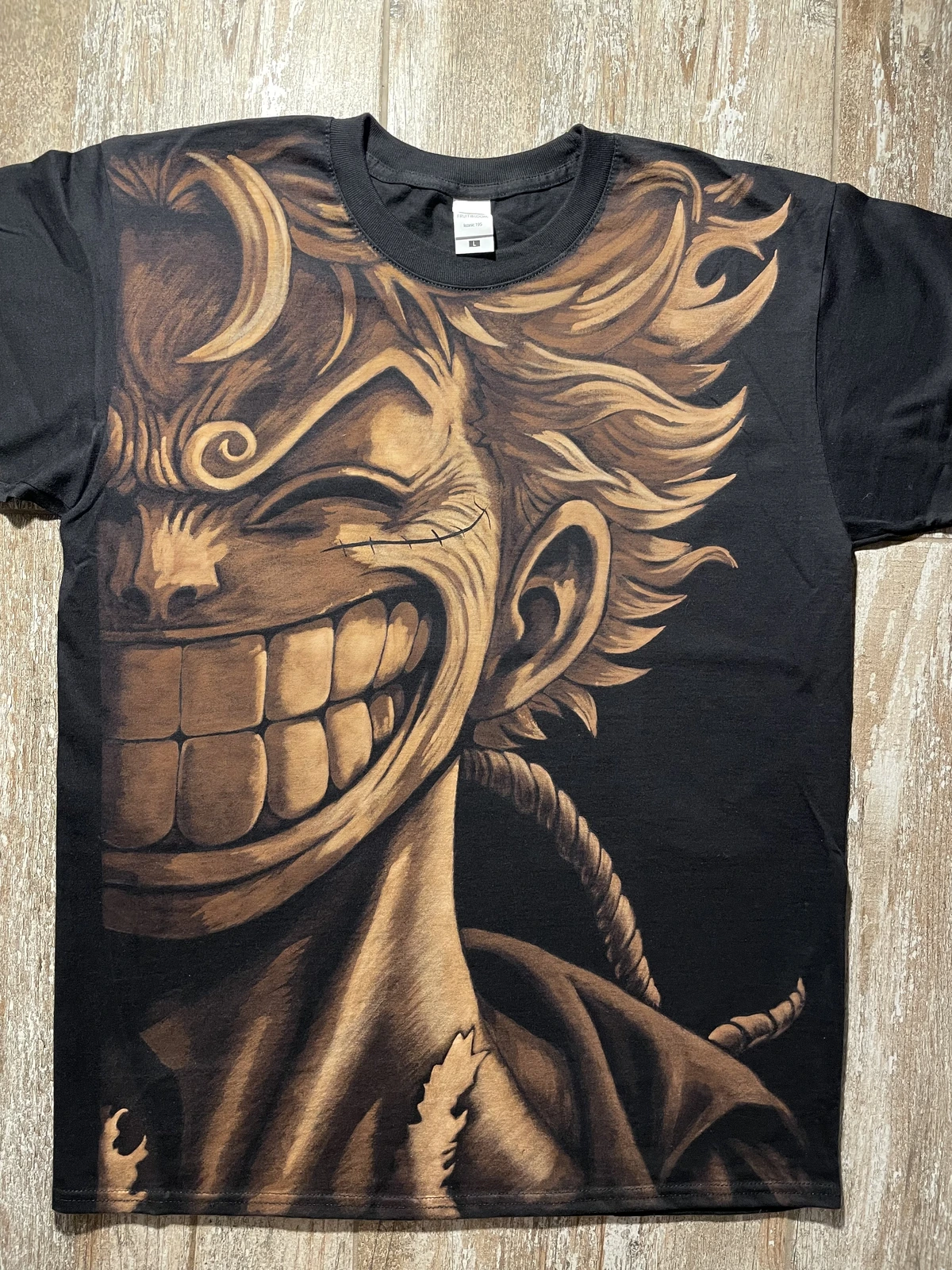 Bleach art shirt inspired by Luffy Gear 5 with detailed hand-painted anime artwork on black clothing