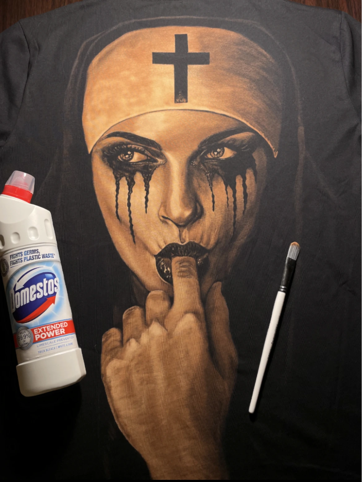 Brutal nun bleach painted shirt featuring a detailed handmade gothic bleach art design