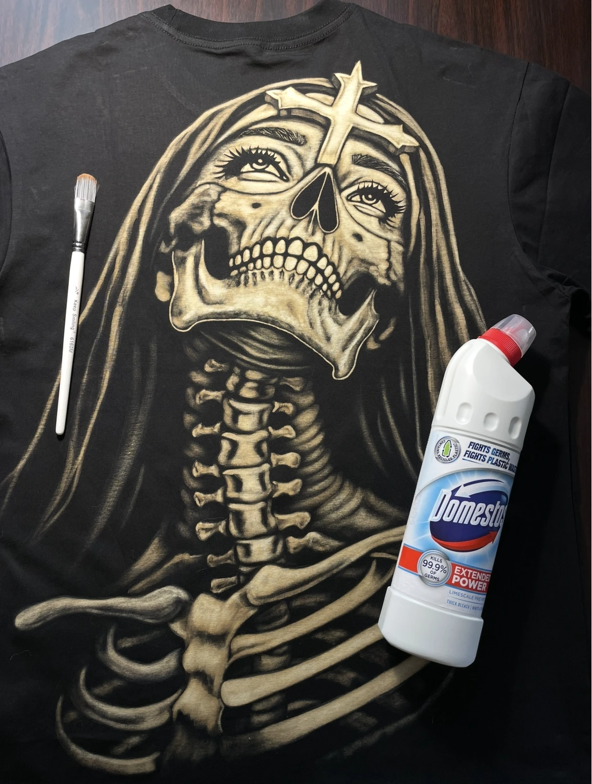 Gothic skeleton nun bleach art T-shirt with hand-painted dark clothing design on black cotton