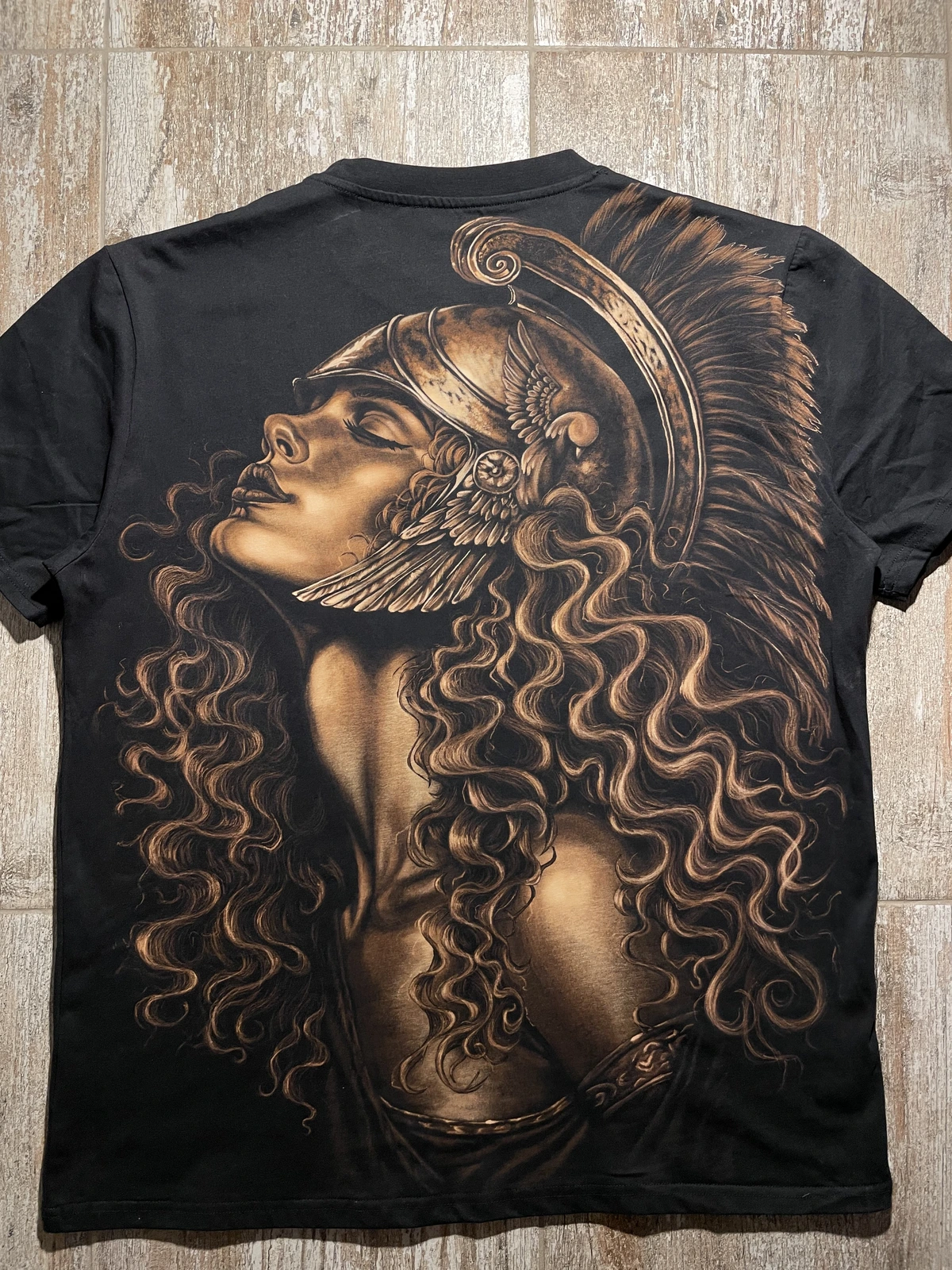 Warrior Queen portrait bleach art T-shirt hand-painted on black cotton fabric
