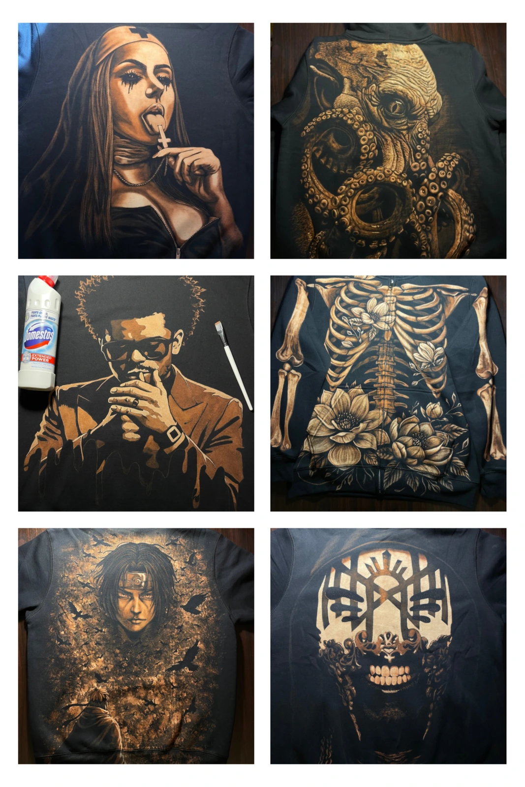 Collage aus sechs handgefertigten Bleach-Hoodie-Designs mit Motiven aus Gothic, Musik, Anime, Fantasy und Blumen.