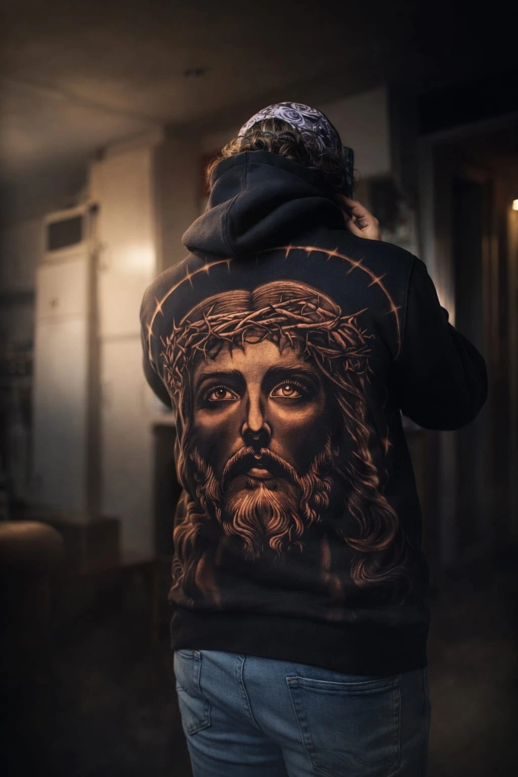 Der Kunde ist von hinten abgebildet und trägt einen schwarzen Jesus-Hoodie mit Bleichmittel-Kunstdruck und einem Porträt von Jesus auf dem Rücken.