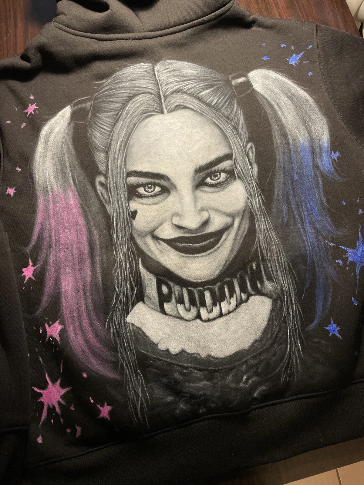 Harley Quinn inspired painted winter fleece hoodie with handmade artwork