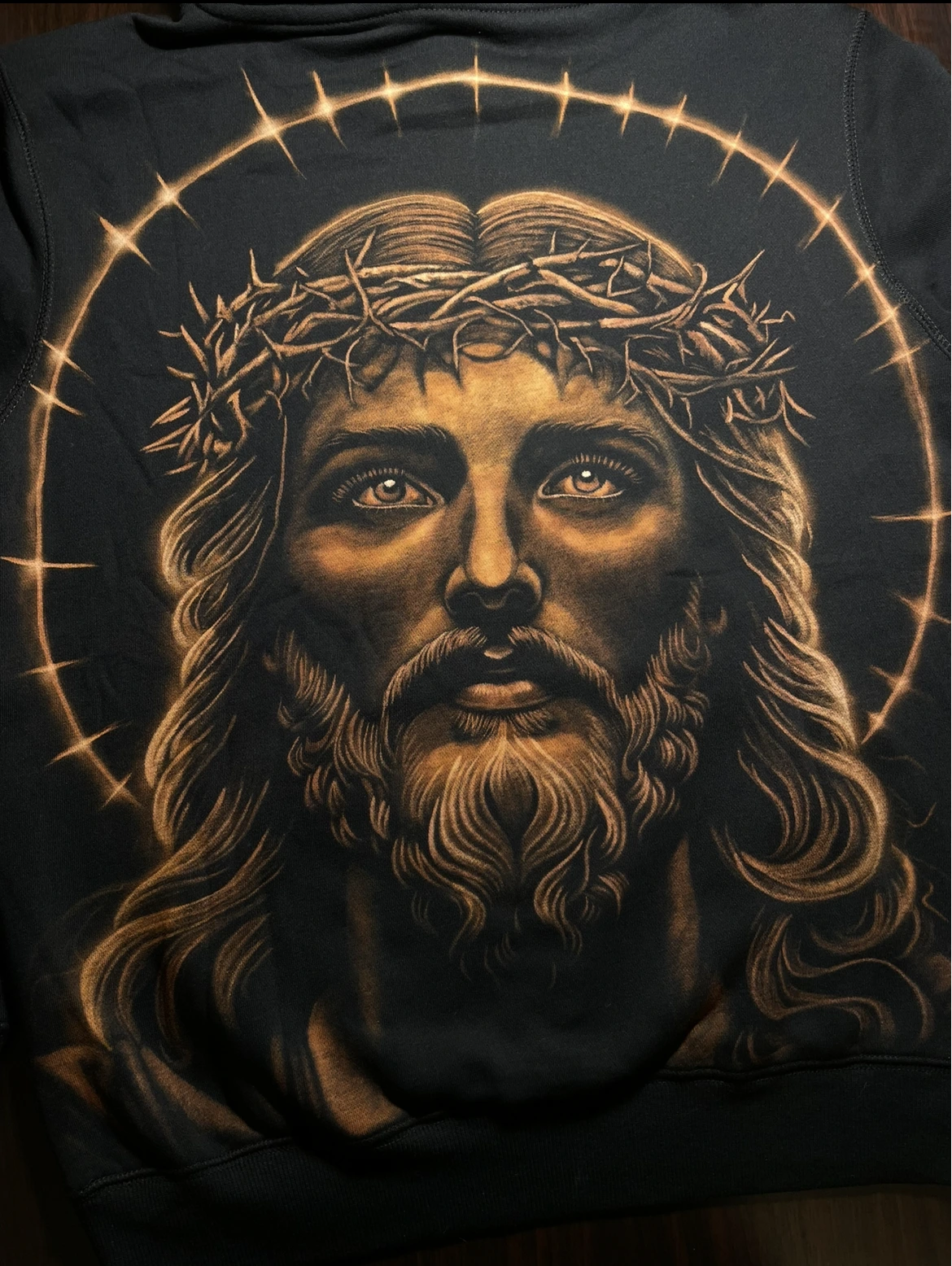 Jesus with crown of thorns hand painted bleach art hoodie