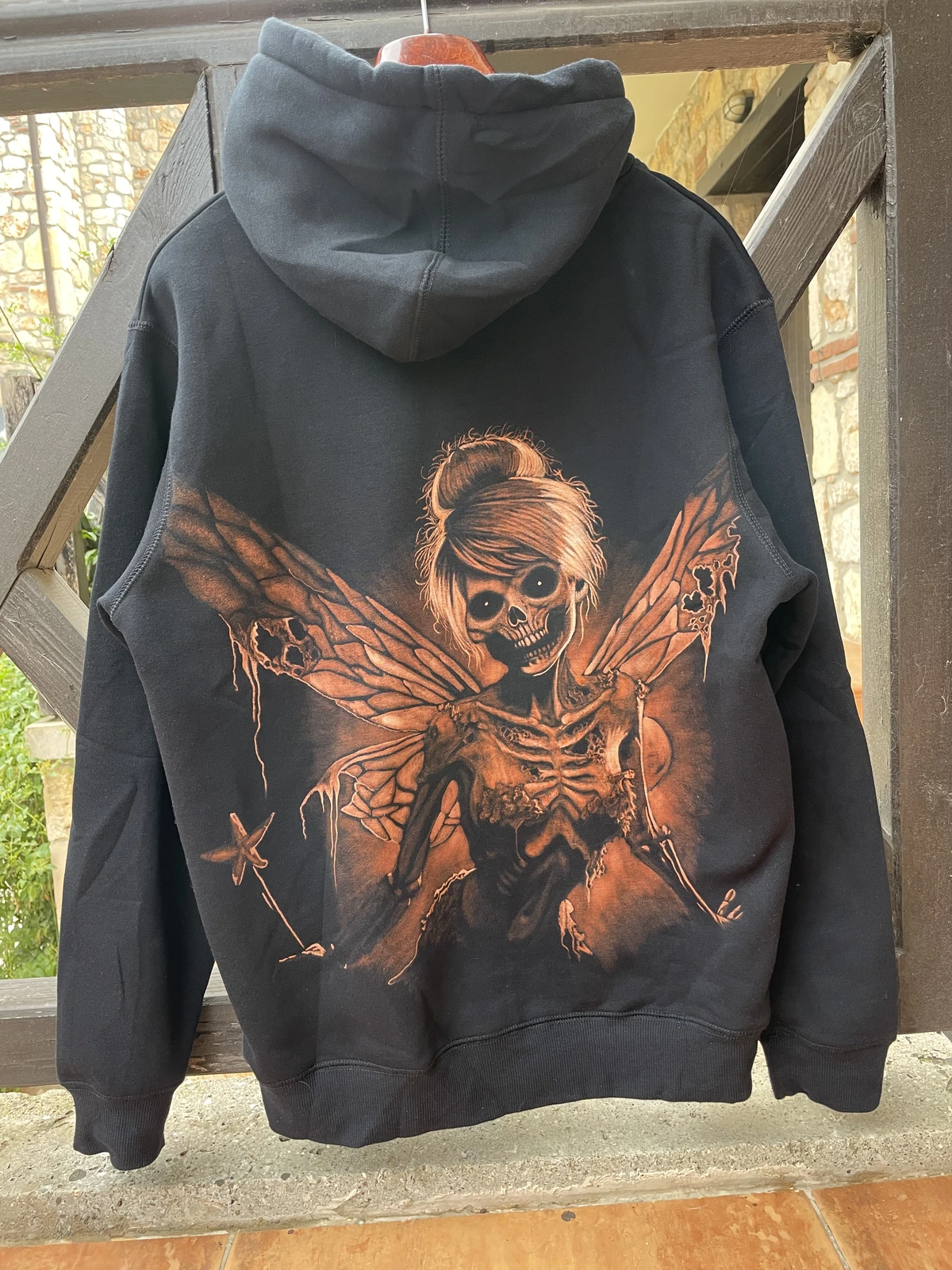Skeleton fairy bleach art hoodie with fantasy inspired handmade design