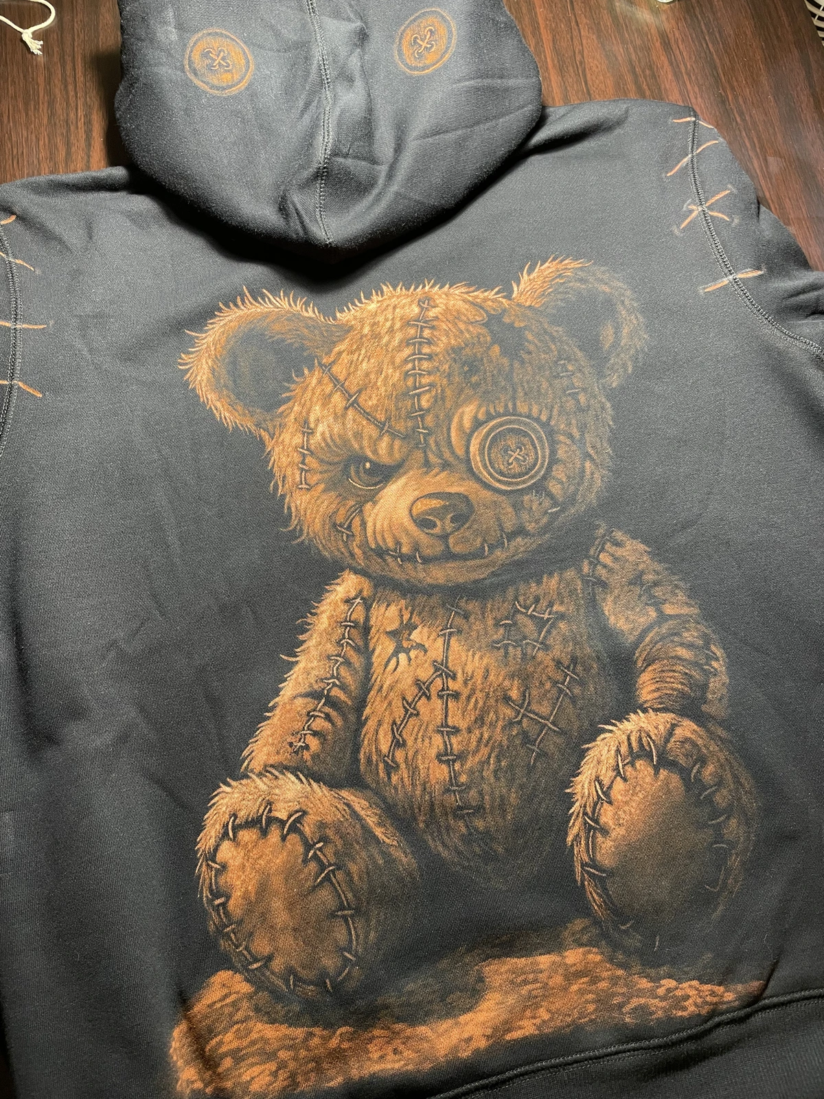 Teddy bear bleach art hoodie with cute dark handmade design