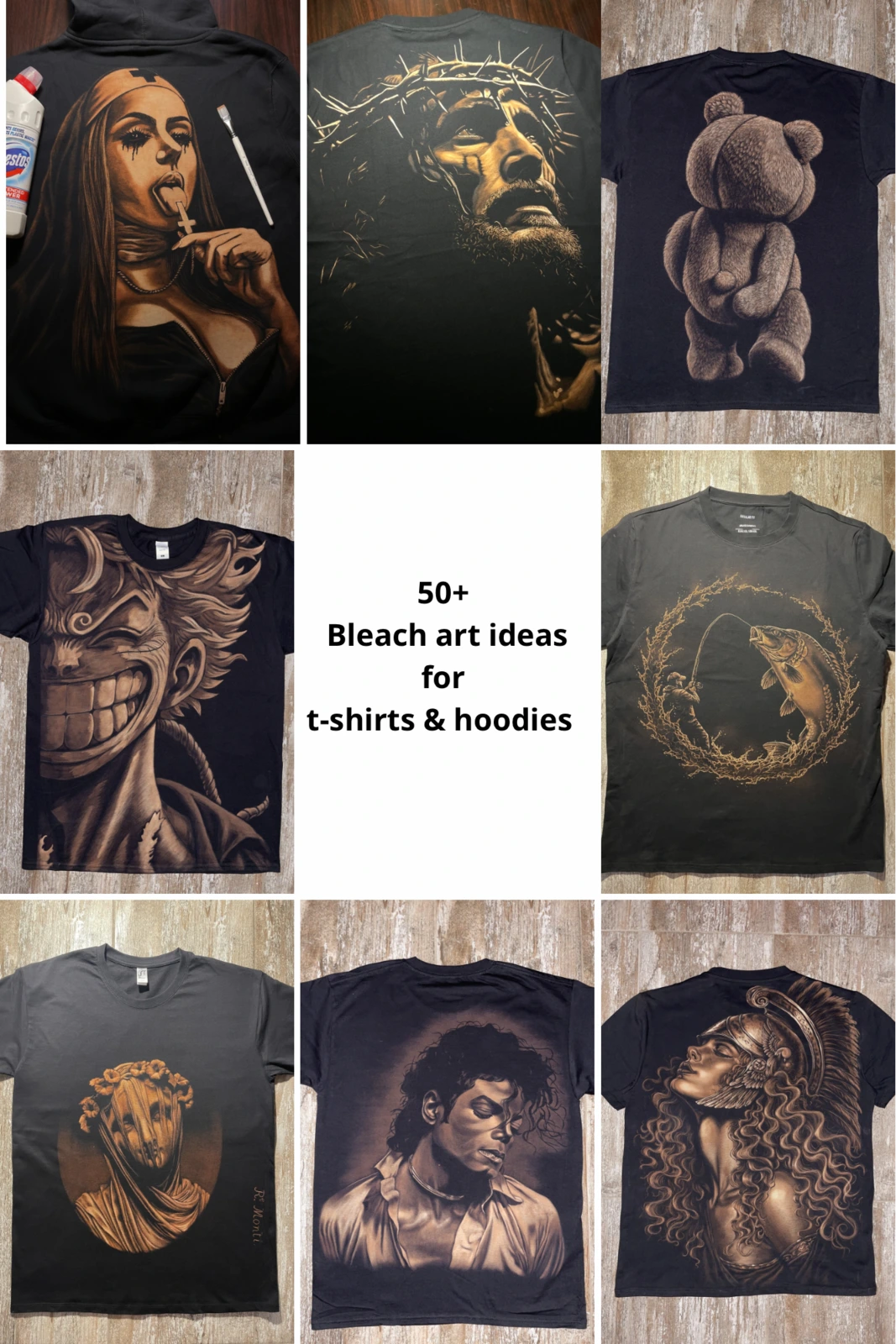 Collage of 50+ bleach art ideas for custom T-shirts and hoodies