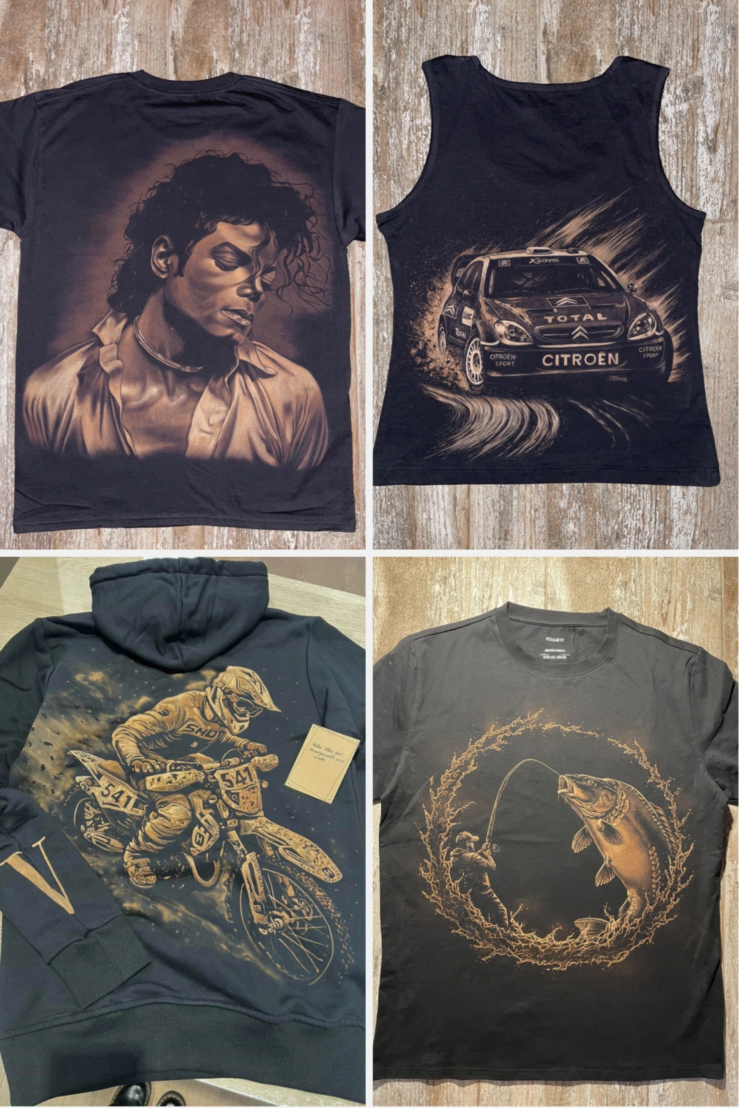 Custom bleach art clothing collection including hand-painted T-shirt hoodie tank top and sweatshirt