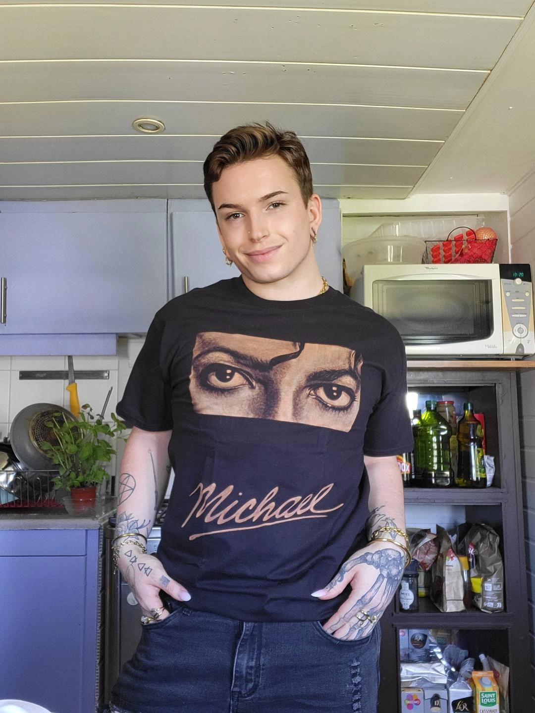 Customer wearing finished custom bleach art clothing made from a personal idea