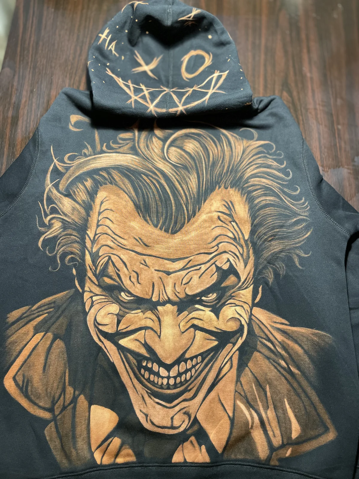 Handmade custom bleach art hoodie with detailed back artwork