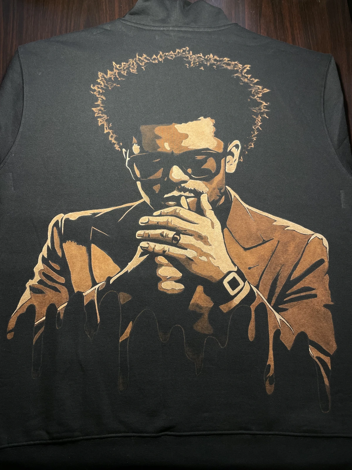 Custom hand painted hoodie featuring The Weeknd bleach art portrait by Helen Oben Art
