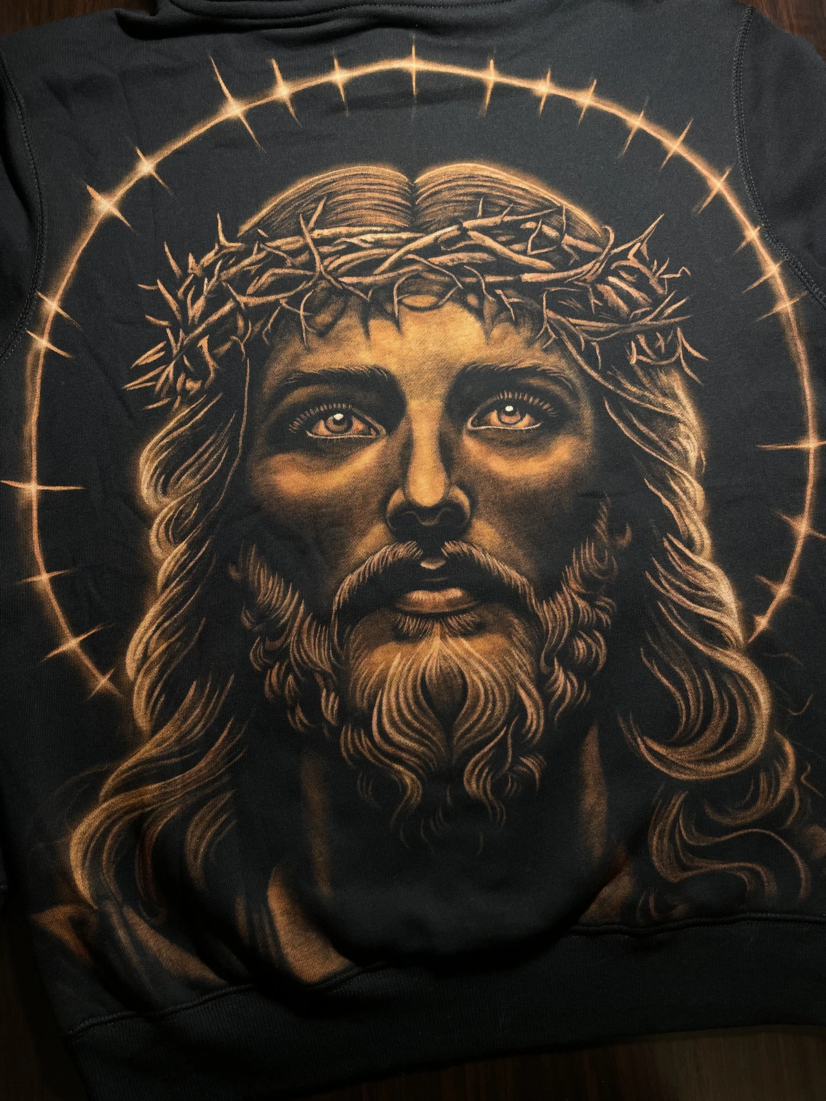 Hand painted custom hoodie with Jesus portrait bleach art by Helen Oben Art