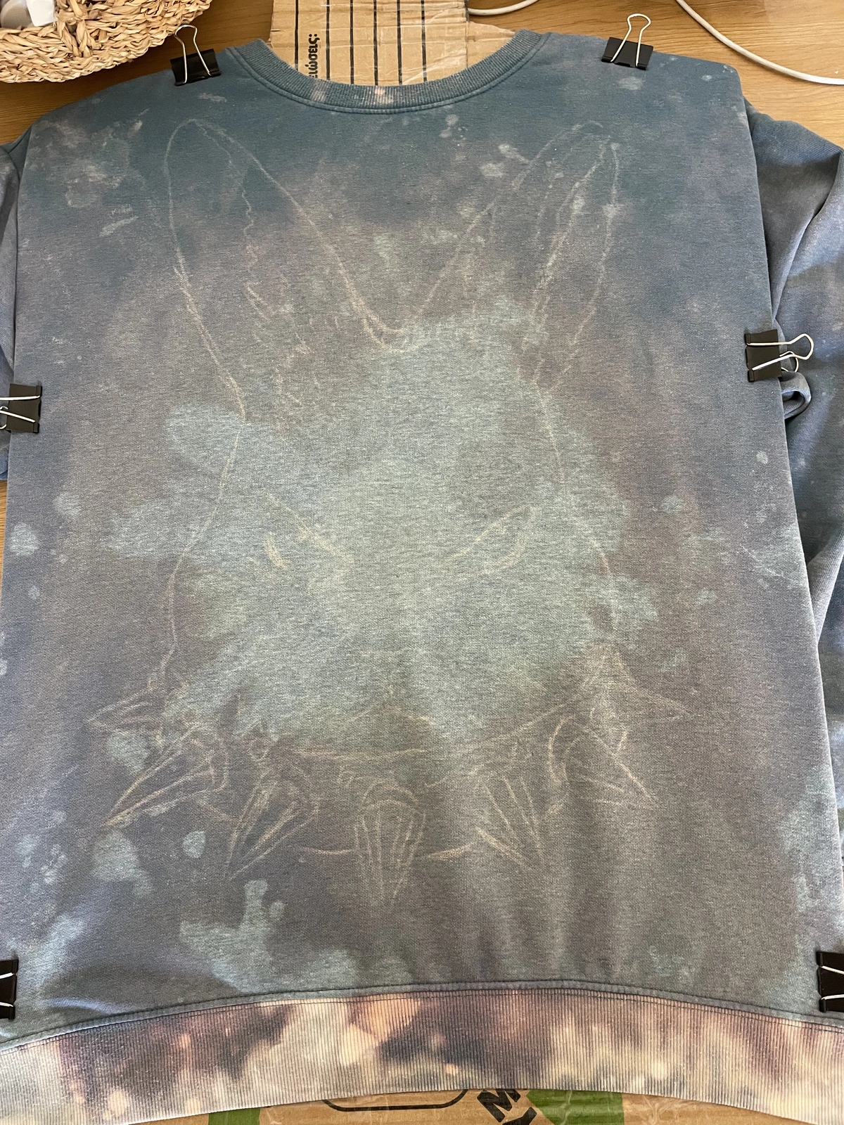 blue sweatshirt after washing bleach stains and fabric reaction