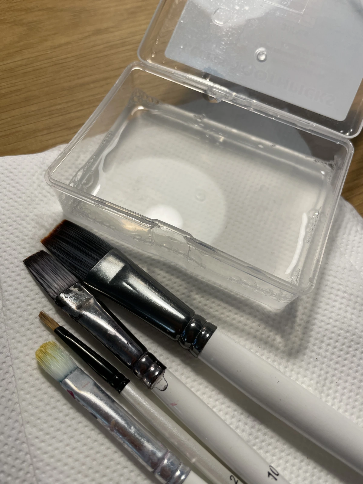 Pinsel und Bleichmittel Detailaufnahme während kontrollierter Anwendung