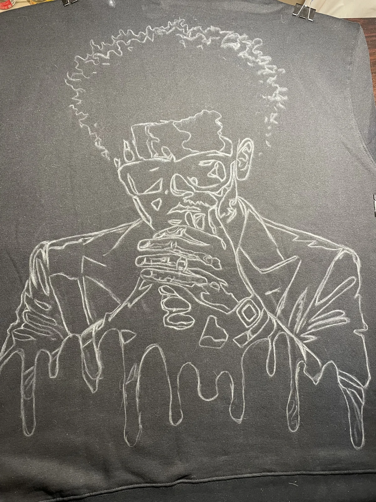 Chalk sketch of portrait bleach art design on black hoodie