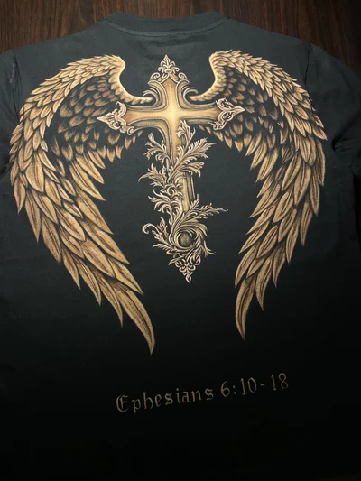 Black bleach art T-shirt with winged cross hand-painted design