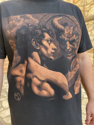 Fallen angel and demon reflection bleach art t-shirt worn by a model