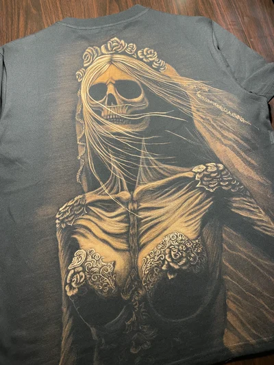 Hand-painted Corpse Bride bleach art T-shirt on black cotton fabric