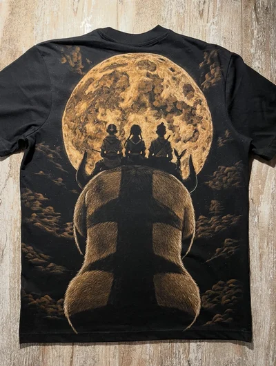 Handmade Avatar anime bleach art T-shirt featuring Appa flying beneath the full moon on the back