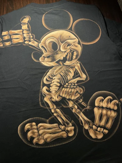Skeleton Mickey Mouse bleach art T-shirt with hand-painted cartoon horror design