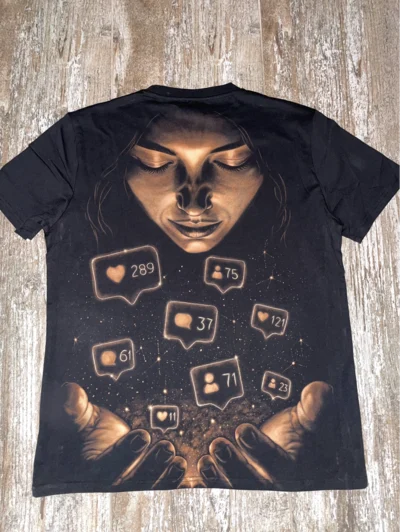 Social media addiction bleach art t-shirt back design with notifications and digital symbols, dark streetwear shirt