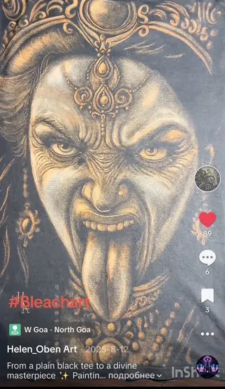 TikTok screenshot featuring a bleach art t-shirt inspired by an Indian goddess