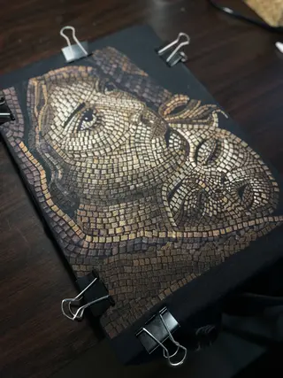 Virgin Mary and child mosaic-style bleach art illustration