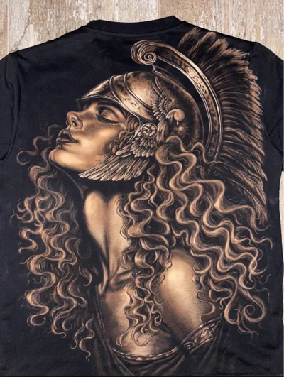 Warrior Woman Portrait Bleach Shirt Design – Hand-Painted Female Warrior Artwork on Back of T-Shirt