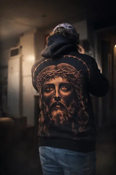 Customer wearing handmade bleach art hoodie with Jesus portrait back design