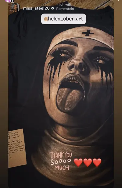 Screenshot of an Instagram story showing a customer who received a second version of a hand-painted t-shirt with a rebellious nun design