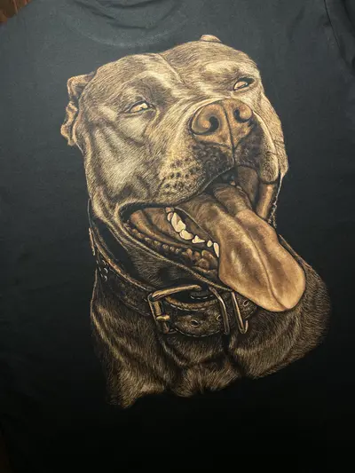 Close-up of bleach art American Staffordshire Terrier portrait on T-shirt