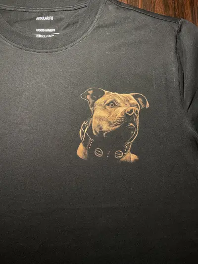 Close-up of small bleach art American Staffordshire Terrier portrait on front of T-shirt