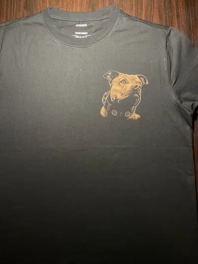 Front view of hand painted bleach art small dog portrait on T-shirt