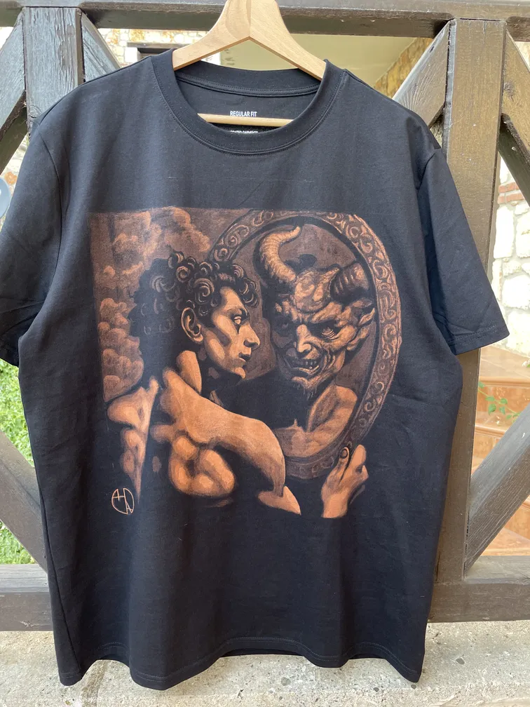 Daylight front view of an angel and demon reflection bleach art illustration on a t-shirt