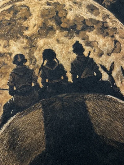 Nahaufnahme der Avatar Figuren auf Appa im Vollmond – handgemaltes Bleach Art Motiv