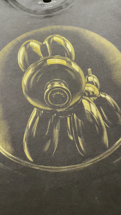 Video showing the front design of the handmade Balloon Dog Bleach Art T-Shirt painted with bleach on black cotton