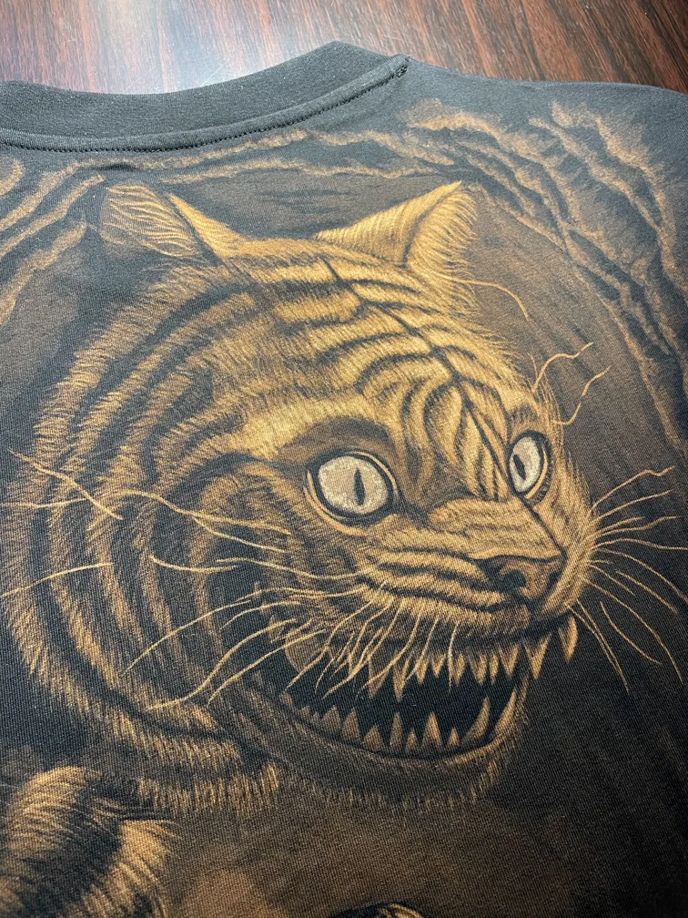 Close-up of a Cheshire cat–inspired illustration in dark bleach art style