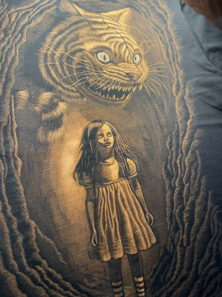 Close-up of a dark fairy tale bleach art illustration inspired by Wonderland