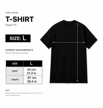 Size guide for Dark Alice in Wonderland Inspired Bleach Art T-Shirt (L), chest and length measurements in cm and inches