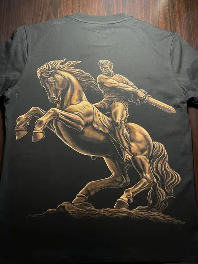 Full back view of David of Sassoun bleach art t-shirt with monument illustration