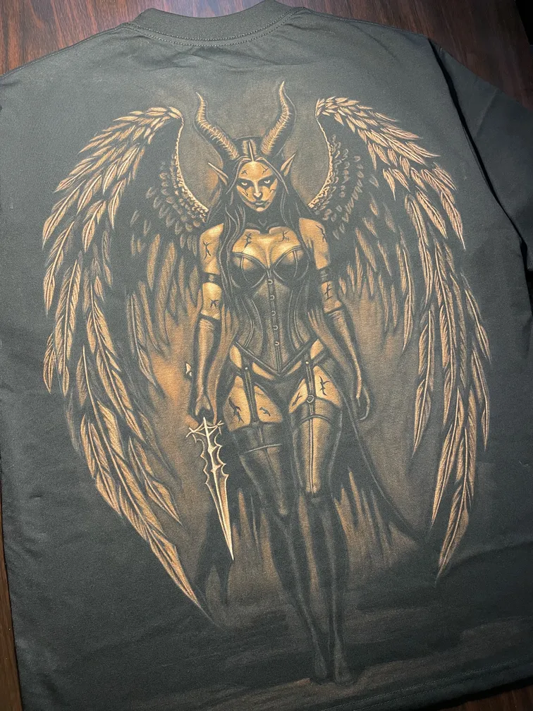 Demon warrior bleach art illustration covering the back of a black t-shirt