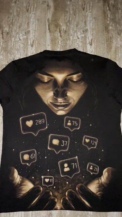 Digital Addiction Bleach T-Shirt Rückseite mit surrealem Frauenporträt und Social-Media-Icons