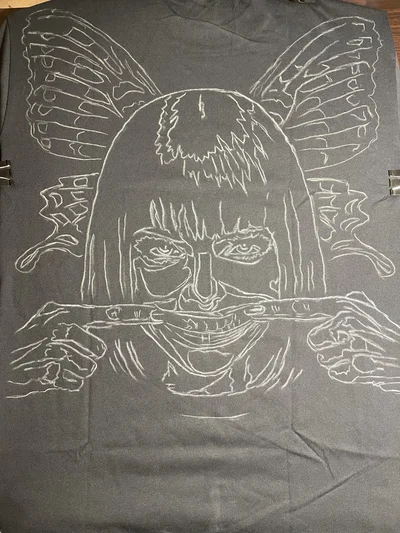 Original sketch of distorted smile girl with butterfly wings design for bleach art T-shirt