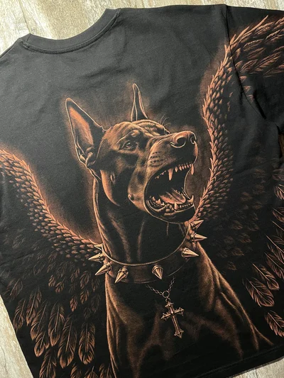 Angled back view of the Doberman T-shirt with gothic bleach art and spread angel wings