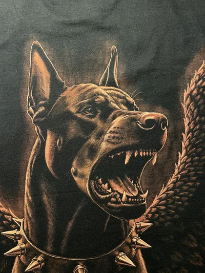 Close-up of the open-mouthed Doberman face in hand-painted bleach art