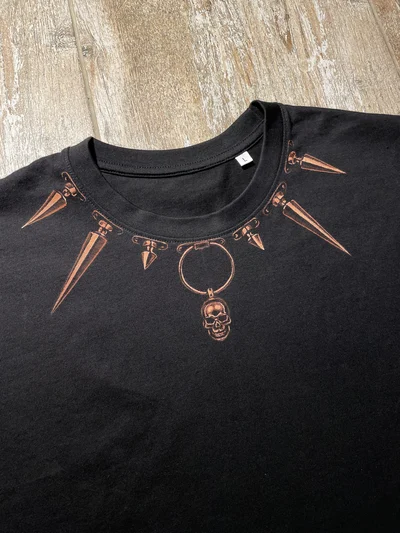 Front view of the black Doberman T-shirt with painted spikes around the neckline